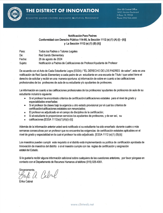 Notificación a Padres de Calificaciones de Profesor/Ayudante de Profesor